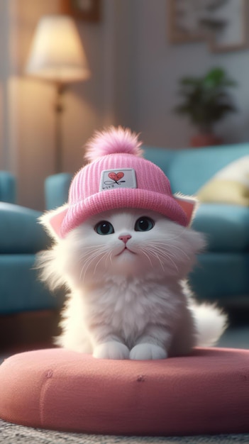 Adorable gato blanco con sombrero rosa generado por IA