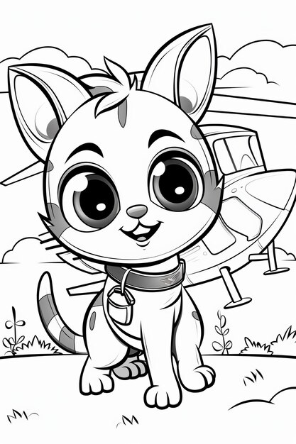 Adorable gato de dibujos animados y helicóptero deliciosa página de colorear en blanco y negro perfecto para niños