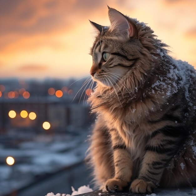 adorable gato esponjoso sentado en la vista general del techo en el casco antiguo de Tallin