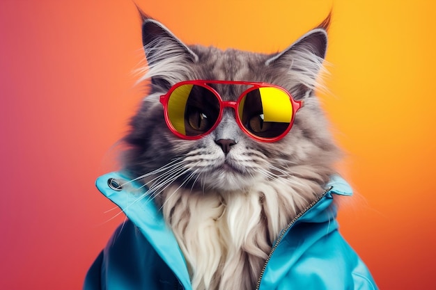 Adorable gato con gafas de sol y camisa colorida IA generativa