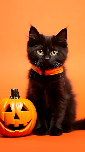 Foto adorable gato negro en disfraz de halloween con calabazas malvadas