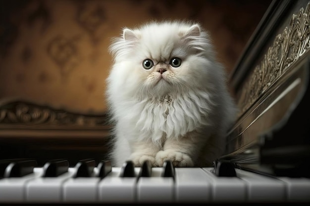 Adorable gato persa blanco en el piano