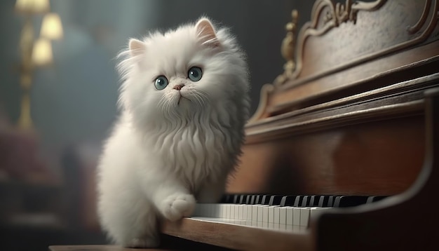 Adorable gato persa blanco en el piano