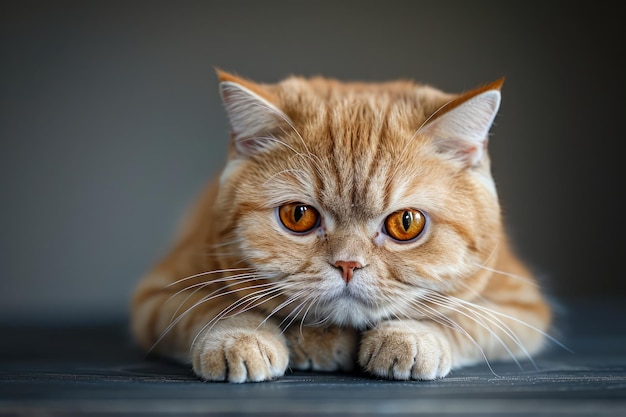 Adorable gato persa naranja con vivos ojos de ámbar acostado en un fondo gris mirando relajado y