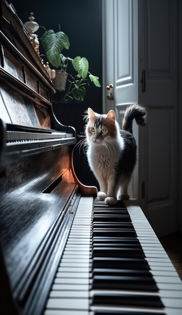 Adorable gato en el piano