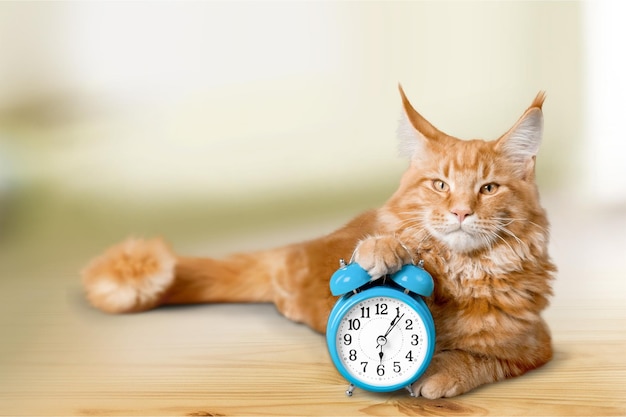 Adorable gato rojo con reloj en la mesa