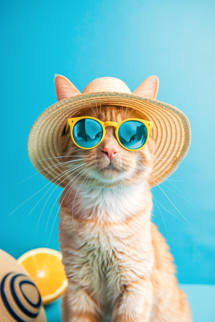 El adorable gato rojo con un sombrero de paja y gafas de sol está disfrutando de las vacaciones de verano