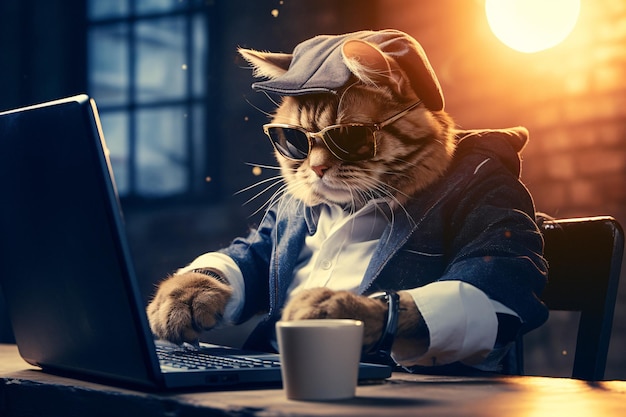 adorable, gato, en, sombrero, y, anteojos, trabajando, en, computador portatil, en la mesa, generativo, ai, mejorado Colección de imágen