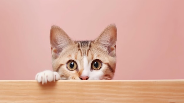 El adorable gato tabby mirando por detrás de la pared rosa