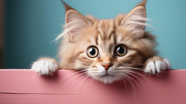 El adorable gato tabby mirando por detrás de la pared rosa