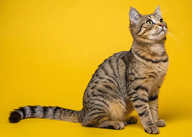 Adorable gato tabby a rayas mirando hacia arriba en un fondo amarillo
