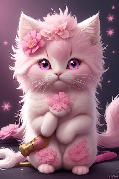 Adorable gato usando impactante expresión de sanación rosa y blanca