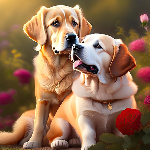 Adorable golden retriever y cachorro con rosas