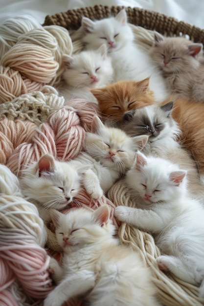 Un adorable grupo de gatitos peludos durmiendo pacíficamente en una canasta con lana suave