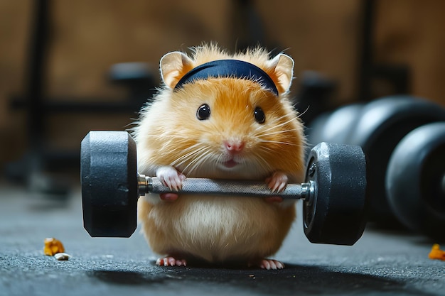 Adorable hámster levantando pesas en un gimnasio con una expresión determinada durante las sesiones de entrenamiento