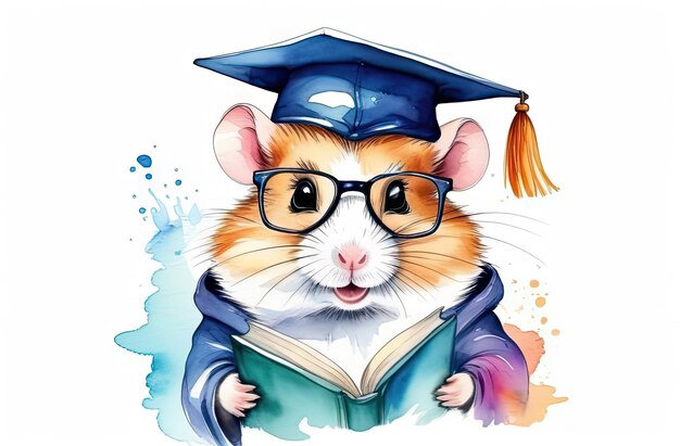 El adorable hámster lleva una gorra graduada y posa con libros ilustraciones en acuarela