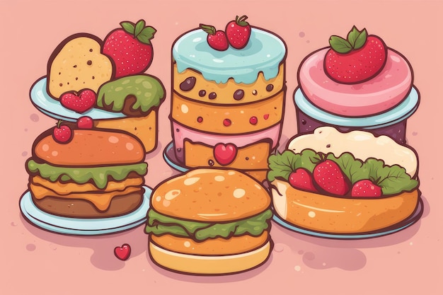 Adorable Ilustración de comida Kawaii dibujada a mano