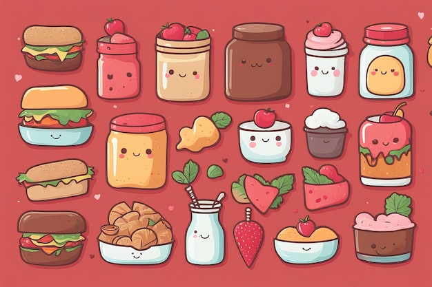 Adorable Ilustración de comida Kawaii dibujada a mano