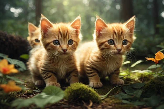 la adorable ilustración de gatitos jugando en el bosque