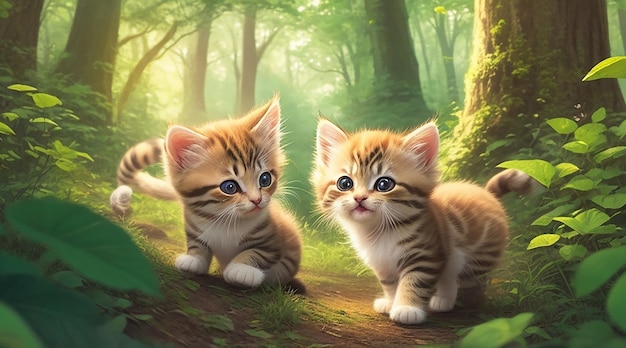 La adorable ilustración de gatitos jugando en el bosque