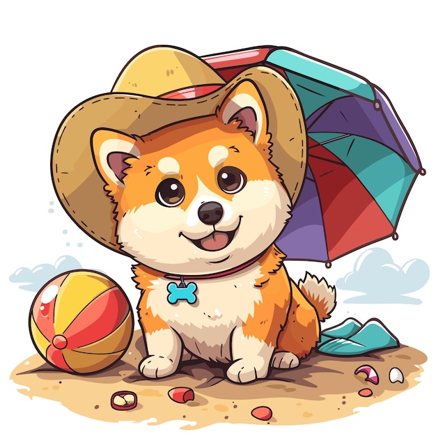 Una adorable ilustración de un perro con un sombrero de sol y una pelota de playa disfrutando de un día de relajación bajo