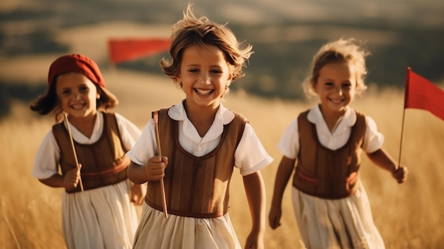 Una adorable instantánea que muestra a niños vestidos con trajes tradicionales turcos sonriendo y saludando.