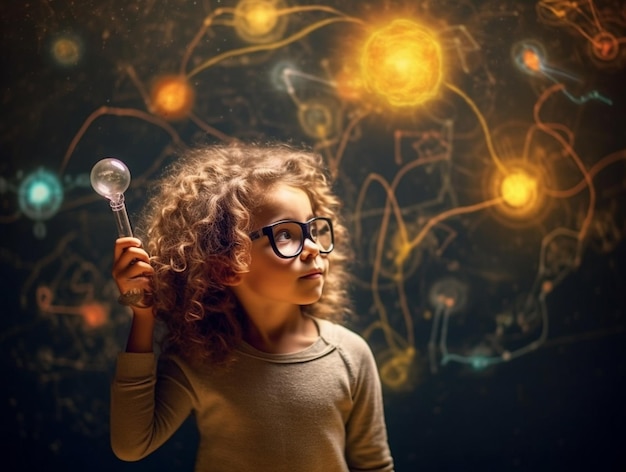 Una adorable joven inteligente y dotada con gafas sostiene una bombilla generada por la IA