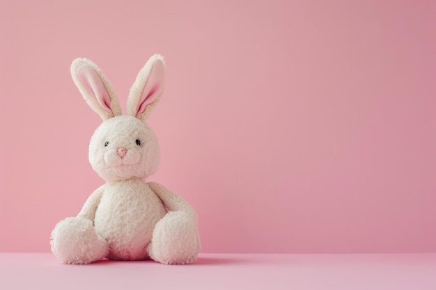 Foto adorable juguete de conejo en telón de fondo rosa perfecto para conceptos con temas de pascua