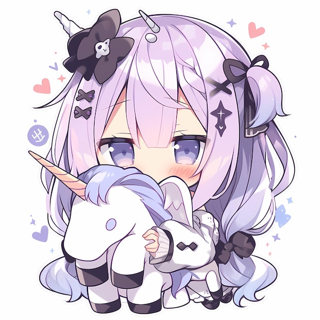 Adorable Kawaii Illustrated Chibi Anime Unicorn Girl Vector Art Sticker con negrita y lindo