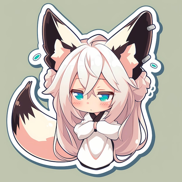 Adorable Kawaii Ilustrado Chibi Anime Fox Girl Vector Art Sticker con línea negrita y lindo bonito