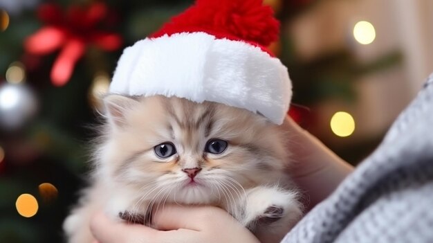 adorable kitty cat en sombrero de santa claus en manos de niña pequeña en el fondo festivo de Navidad borrosa