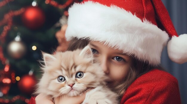 adorable kitty cat en sombrero de santa claus en manos de niña pequeña en el fondo festivo de Navidad borrosa