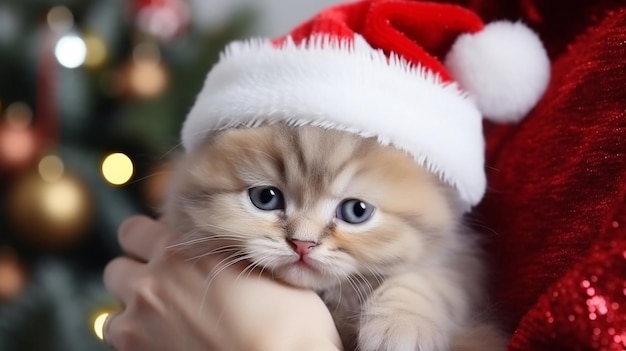 adorable kitty cat en sombrero de santa claus en manos de niña pequeña en el fondo festivo de Navidad borrosa