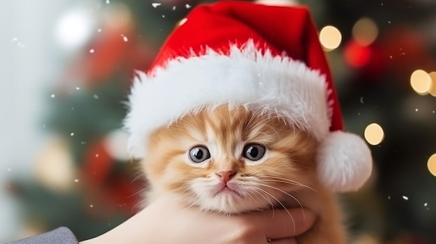 adorable kitty cat en sombrero de santa claus en manos de niña pequeña en el fondo festivo de Navidad borrosa