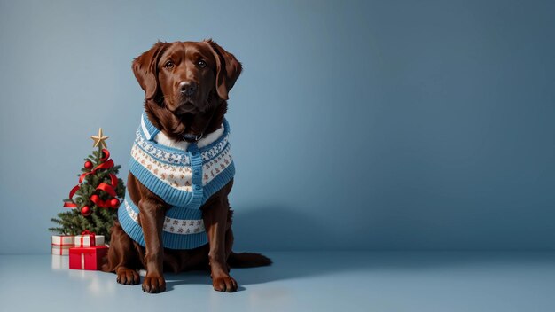 Adorable Labrador Retriever de chocolate con traje azul de Navidad aislado en un fondo plano