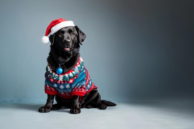 Adorable Labrador Retriever de chocolate con traje de Navidad rojo azul con fondo plano aislado