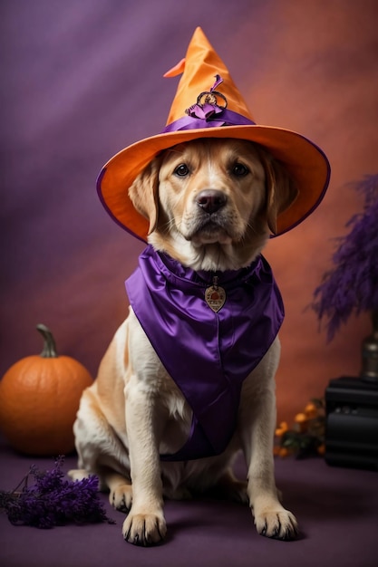 Foto el adorable labrador retriever en la escena de halloween