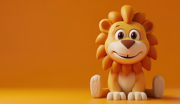 Adorable león de dibujos animados con una amplia sonrisa sentado en un fondo naranja brillante ideal para contenido y animación infantil