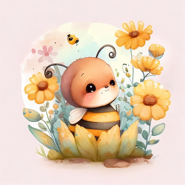 Adorable y linda abeja y flores de acuarela, ilustración para niños