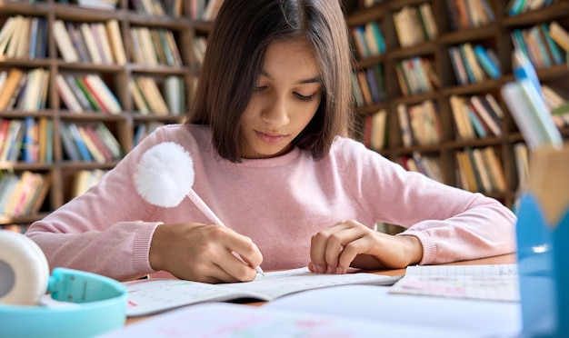 Adorable, linda, india, latina, colegiala, estudiar, en casa, sentado, mesa