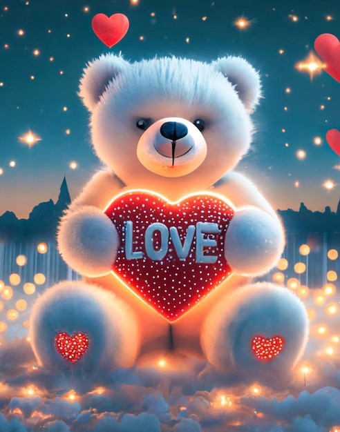 con un de adorable lindo oso de peluche feliz sosteniendo un corazón mostrando detalles realistas