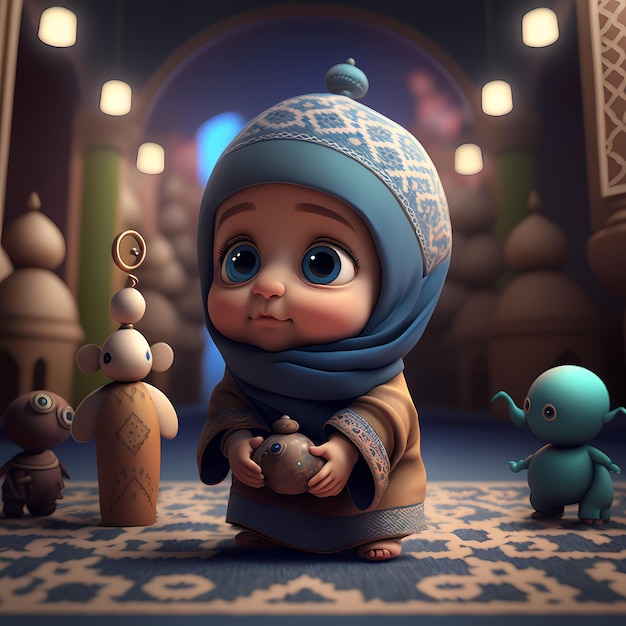 Adorable y lindo personaje de dibujos animados de niños musulmanes 3D Rendering