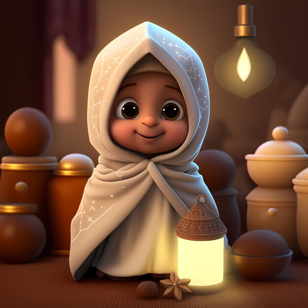 Adorable y lindo personaje de dibujos animados de niños musulmanes 3D Rendering