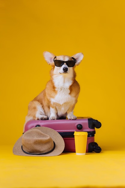 Adorable lindo Welsh Corgi Pembroke en gafas de sol yendo de vacaciones de pie en una maleta roja con sombrero de paja sobre fondo amarillo de estudio Divertido concepto de vacaciones y viajes