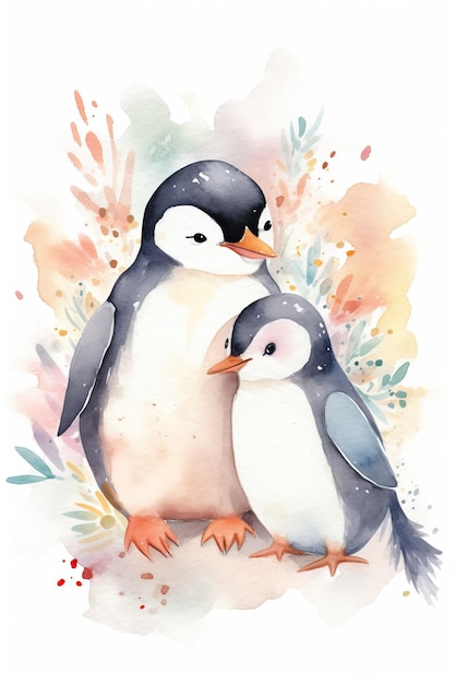 Adorable Love Aquarell Malerei von Mutter und Baby Pinguin Generative KI