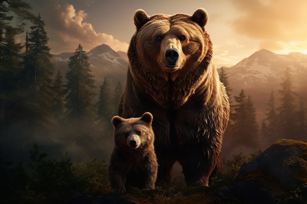 La adorable madre oso pardo y su cachorro exploran el encantador hábitat del bosque