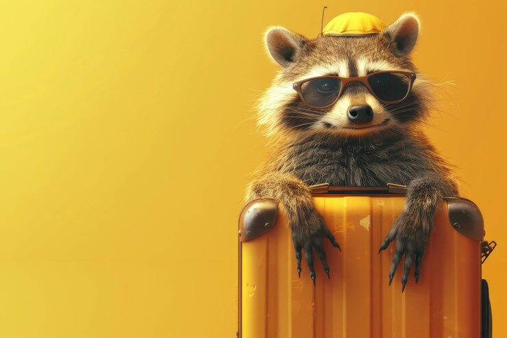 Adorable mapaches con gafas de sol apoyado en una maleta amarilla contra un fondo amarillo vibrante listo para el viaje