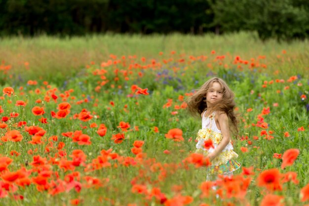 Adorable niña de 6 años en un brillante campo de amapolas Retrato de una linda niña con el pelo largo y rizado contra el campo de verano lleno de amapolas rojas
