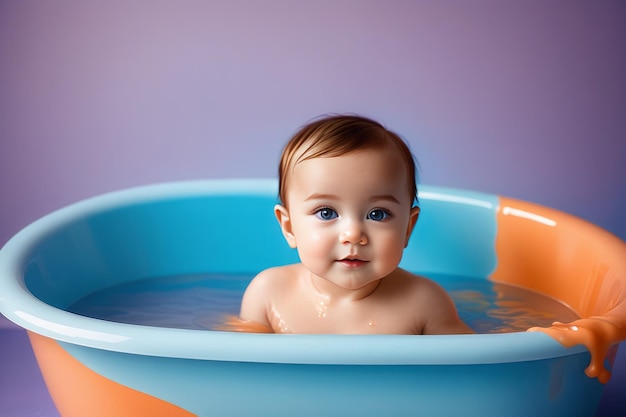 adorable niña en un baño azul con una bañera azul y patos de goma amarillos adorable niña en