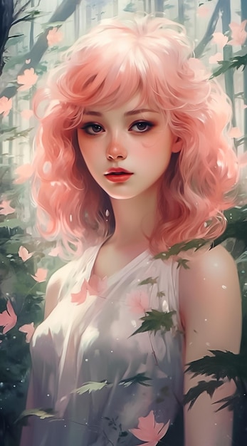 Adorable niña de dibujos animados con vestido y flores cabello rosado Concepto de moda y estilo de vida Ai generado